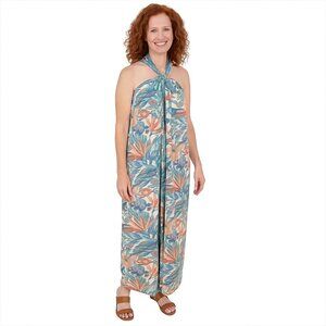 Faherty Teal Blue and Coral Tropical Halter Maxi Dress